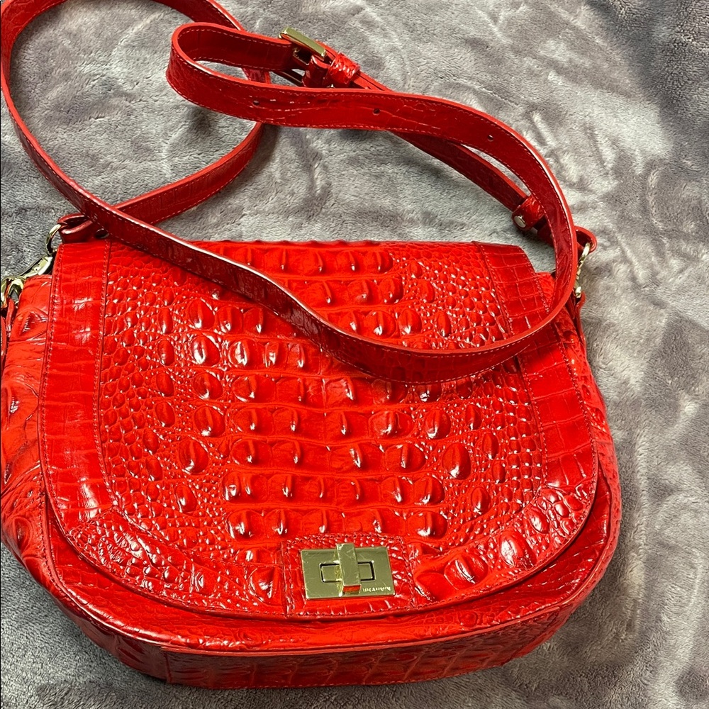 Red Crocodile-Embossed Shoulder Bag